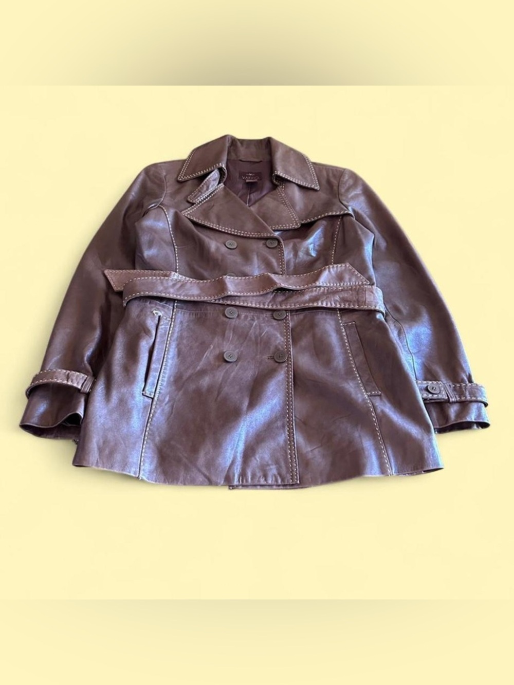 Vintage Vakko Leather Trench Jacket Brown Soft Women’s M Belted
